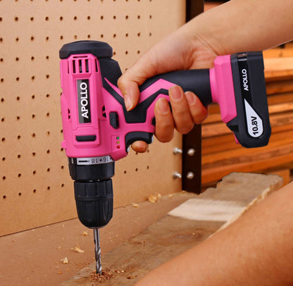 10.8 Volt Lithium-Ion cordless drill with 30-piece accessory set in pink, lightweight and powerful for versatile drilling tasks