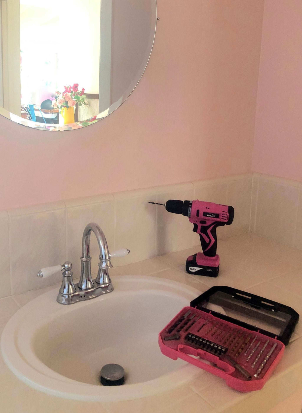 10.8 Volt Lithium-Ion cordless pink drill with 30-piece accessory set and keyless chuck