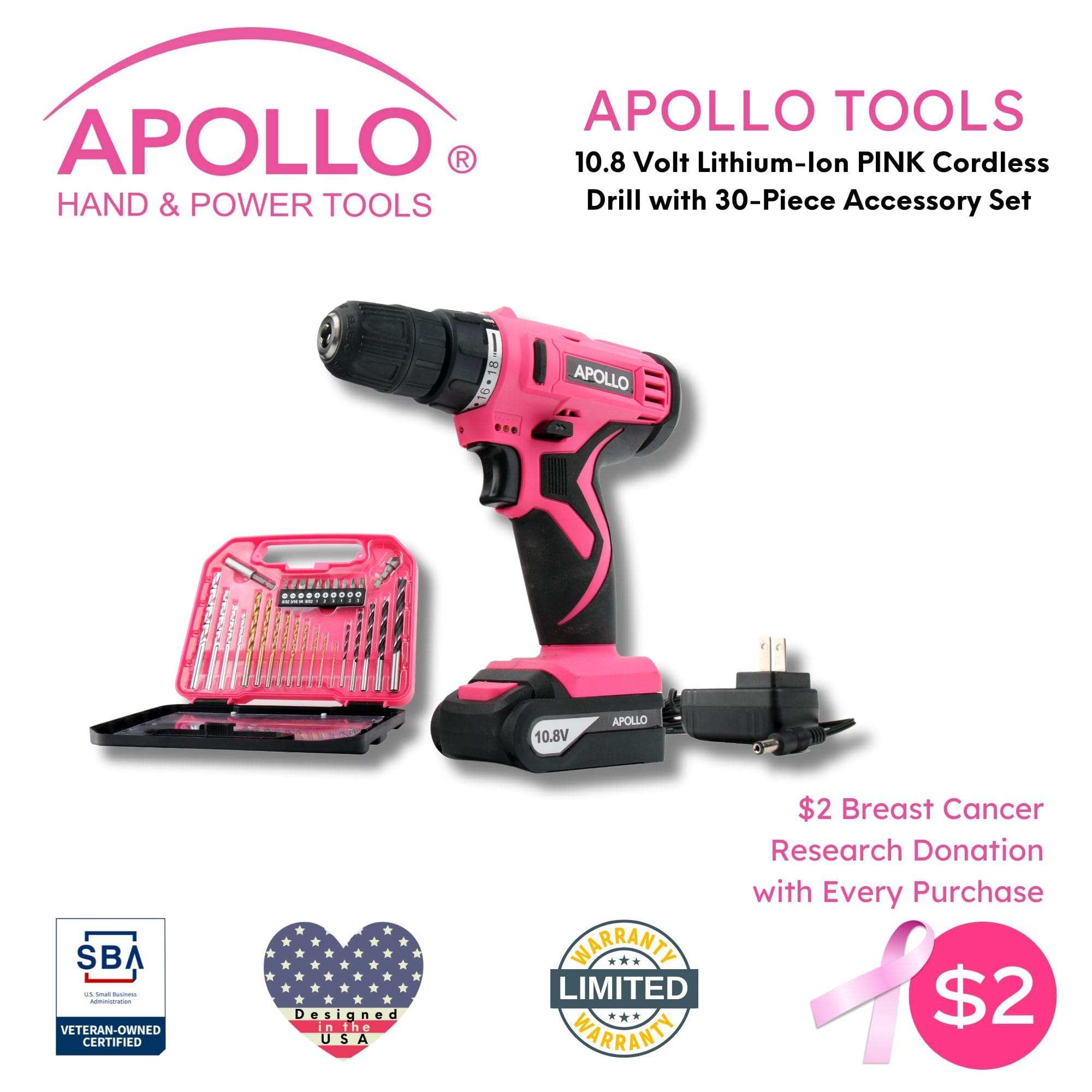 10.8 Volt Lithium-Ion cordless drill with 30-piece accessory set in pink, lightweight and powerful for DIY projects