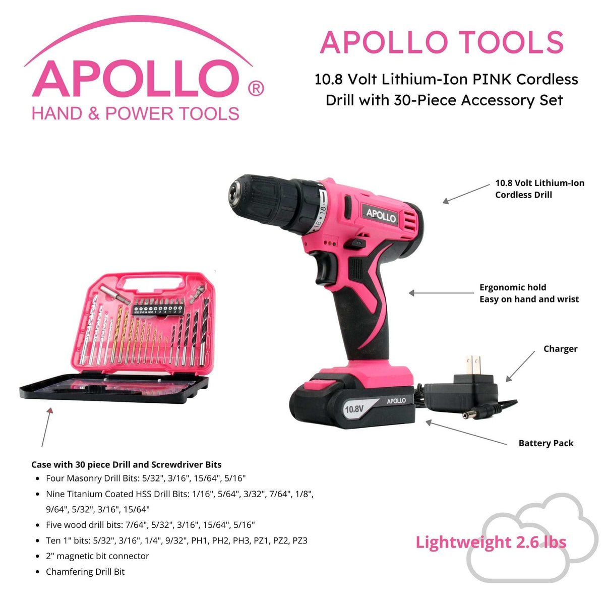 10.8 Volt Lithium-Ion cordless drill in pink with 30-piece accessory set and keyless chuck
