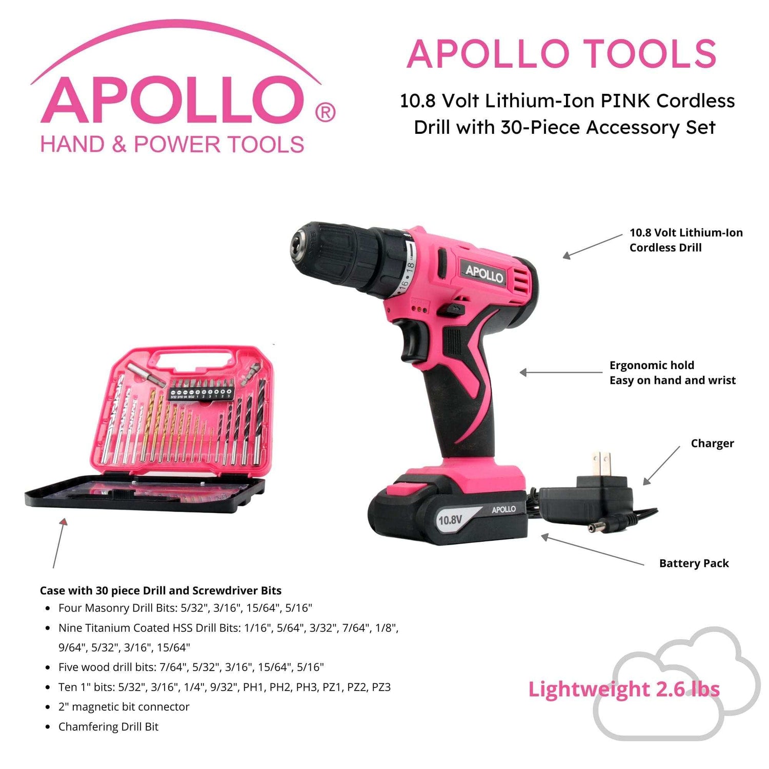 10.8 Volt Lithium-Ion cordless drill in pink with 30-piece accessory set and keyless chuck
