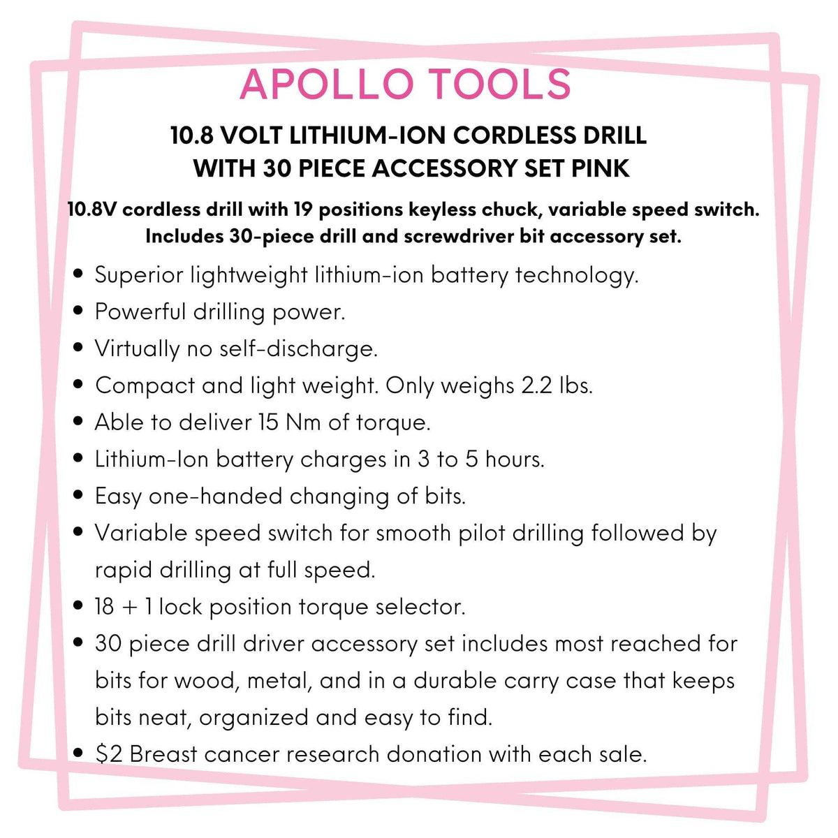 10.8 Volt Lithium-Ion cordless pink drill with 30-piece accessory set and keyless chuck