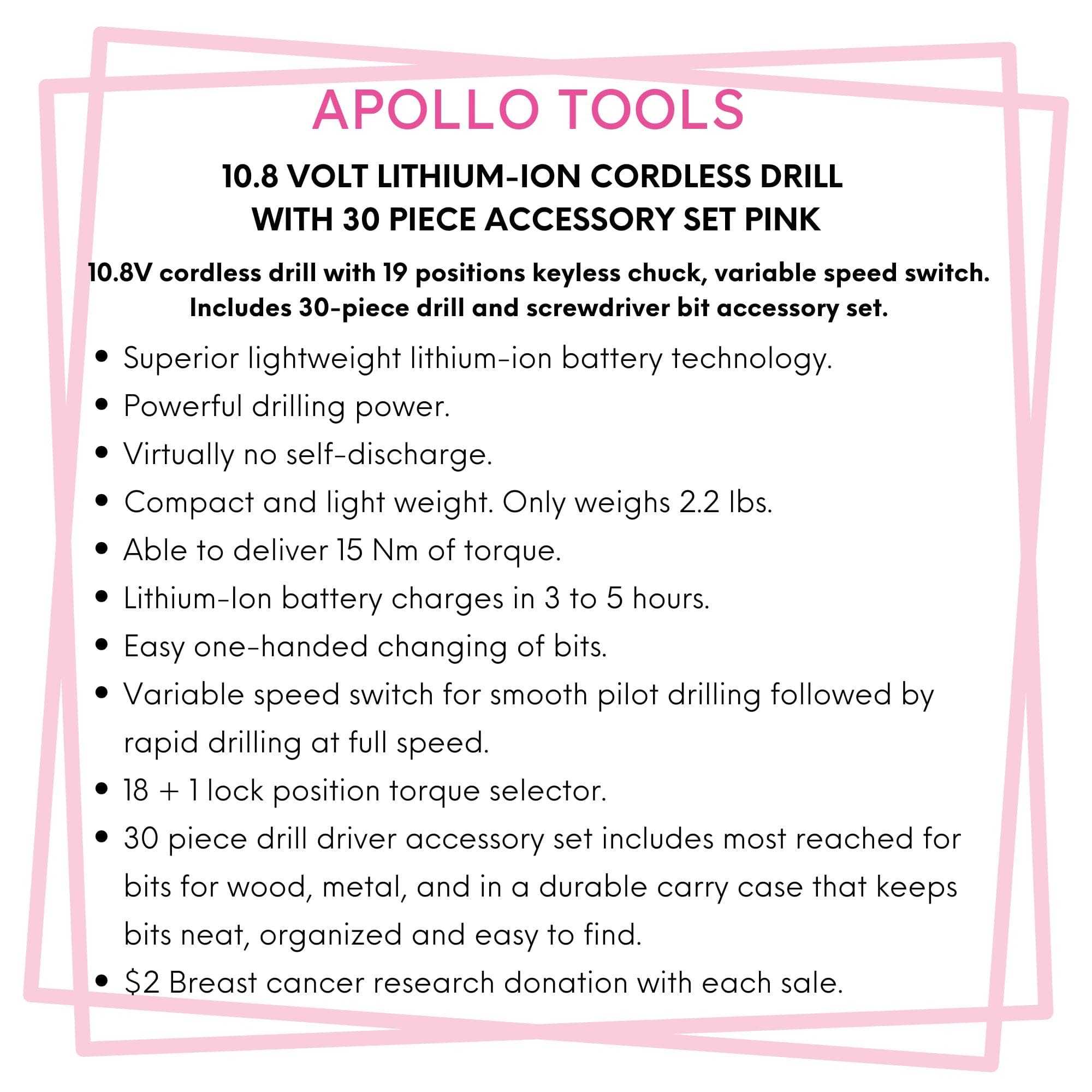 10.8 Volt Lithium-Ion cordless pink drill with 30-piece accessory set and keyless chuck