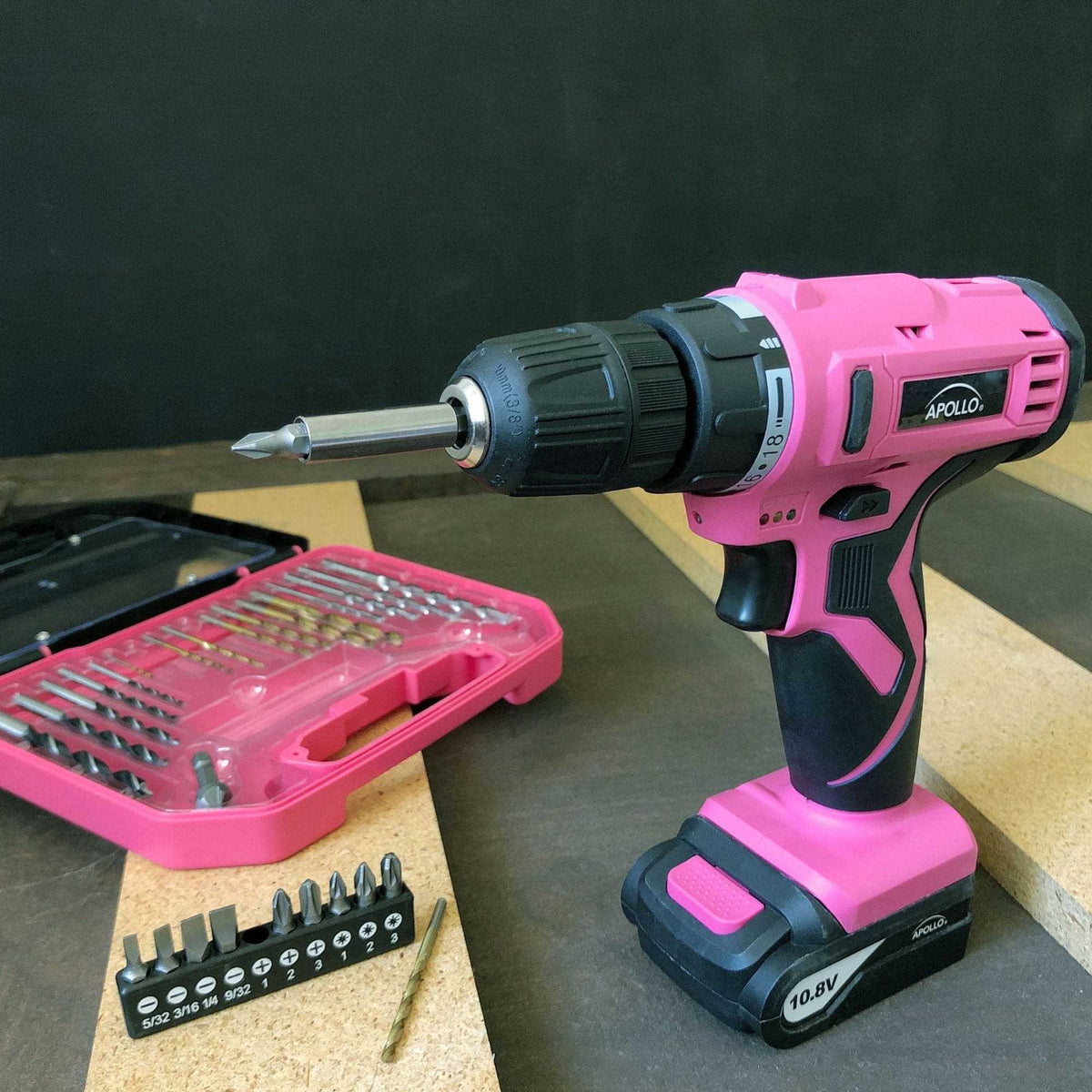 10.8 Volt Lithium-Ion pink cordless drill with 30-piece accessory set and rechargeable battery