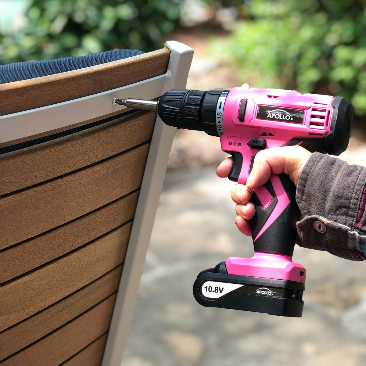 10.8 Volt Lithium-Ion cordless drill with 30-piece pink accessory set and keyless chuck