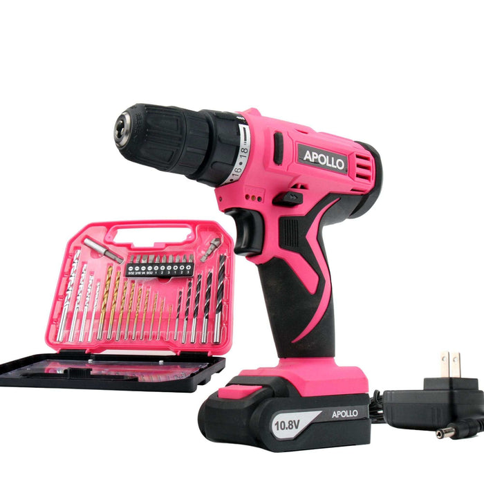 10.8 Volt Lithium-Ion pink cordless drill with 30-piece accessory set including drill and screwdriver bits