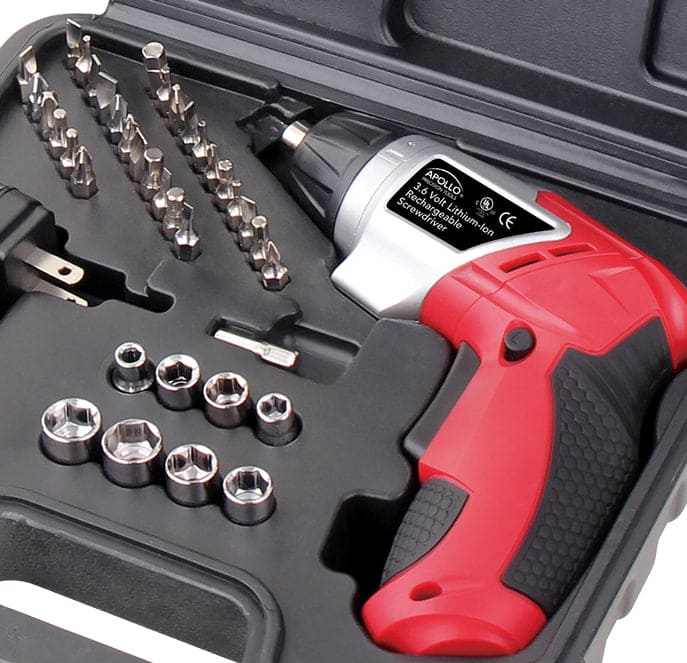 3.6 Volt Lithium-Ion rechargeable cordless screwdriver with 45-piece accessory set in a sturdy black case
