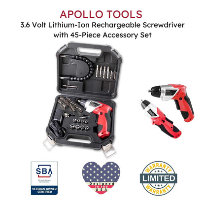 3.6 Volt Lithium-Ion rechargeable cordless screwdriver with 45-piece accessory set in a sturdy carrying case