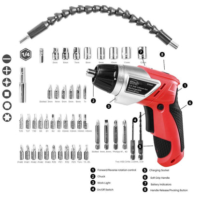 3.6 Volt Lithium-Ion Rechargeable Cordless Screwdriver with 45-piece accessory set including flexible bit extension and sturdy carrying case