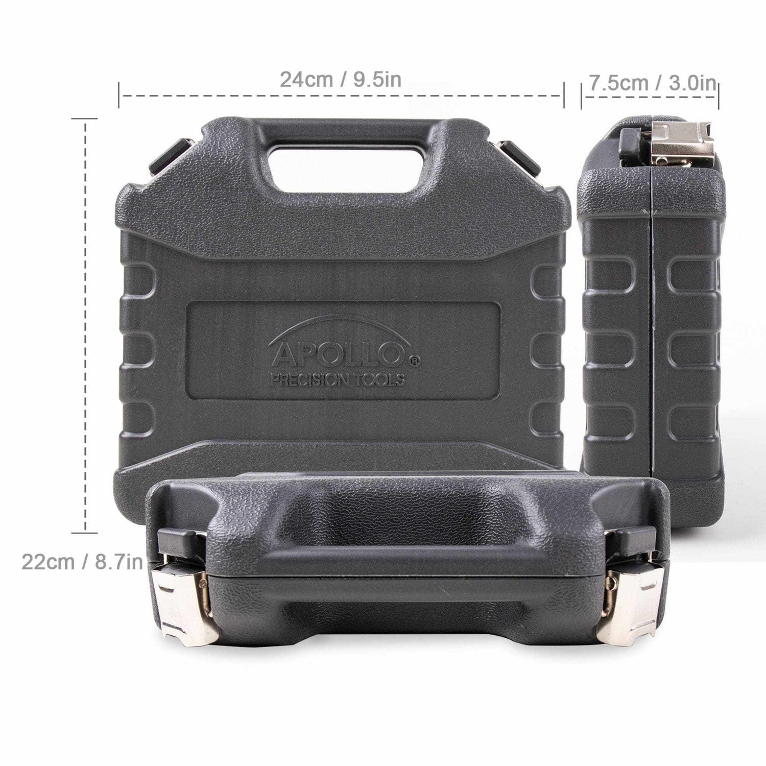 Compact black carrying case for 3.6 Volt Lithium-Ion Rechargeable Screwdriver with 45-piece accessory set showcasing dimensions.