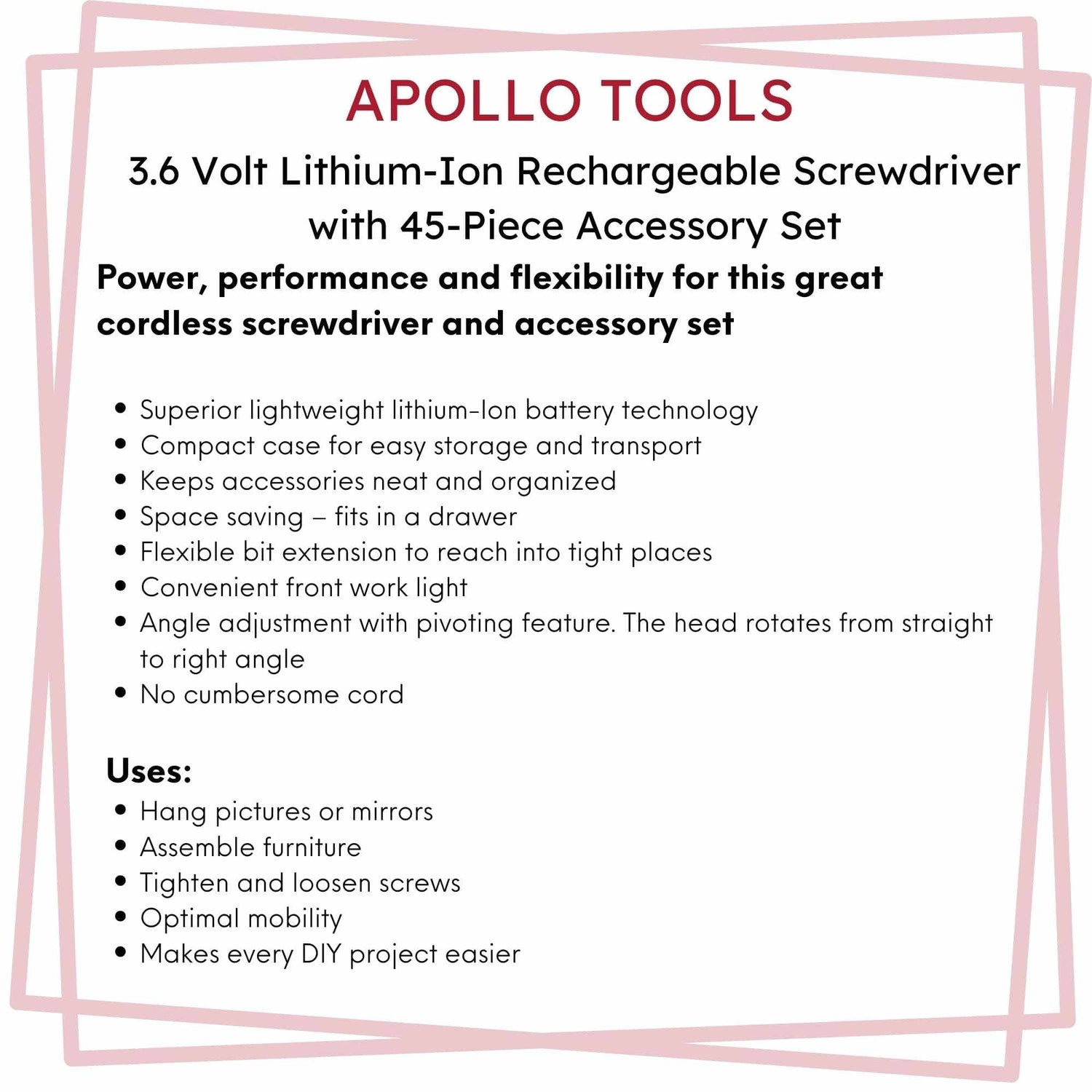 3.6 Volt Lithium-Ion rechargeable cordless screwdriver with 45-piece accessory set, flexible bit extension, pivoting head, and compact carrying case