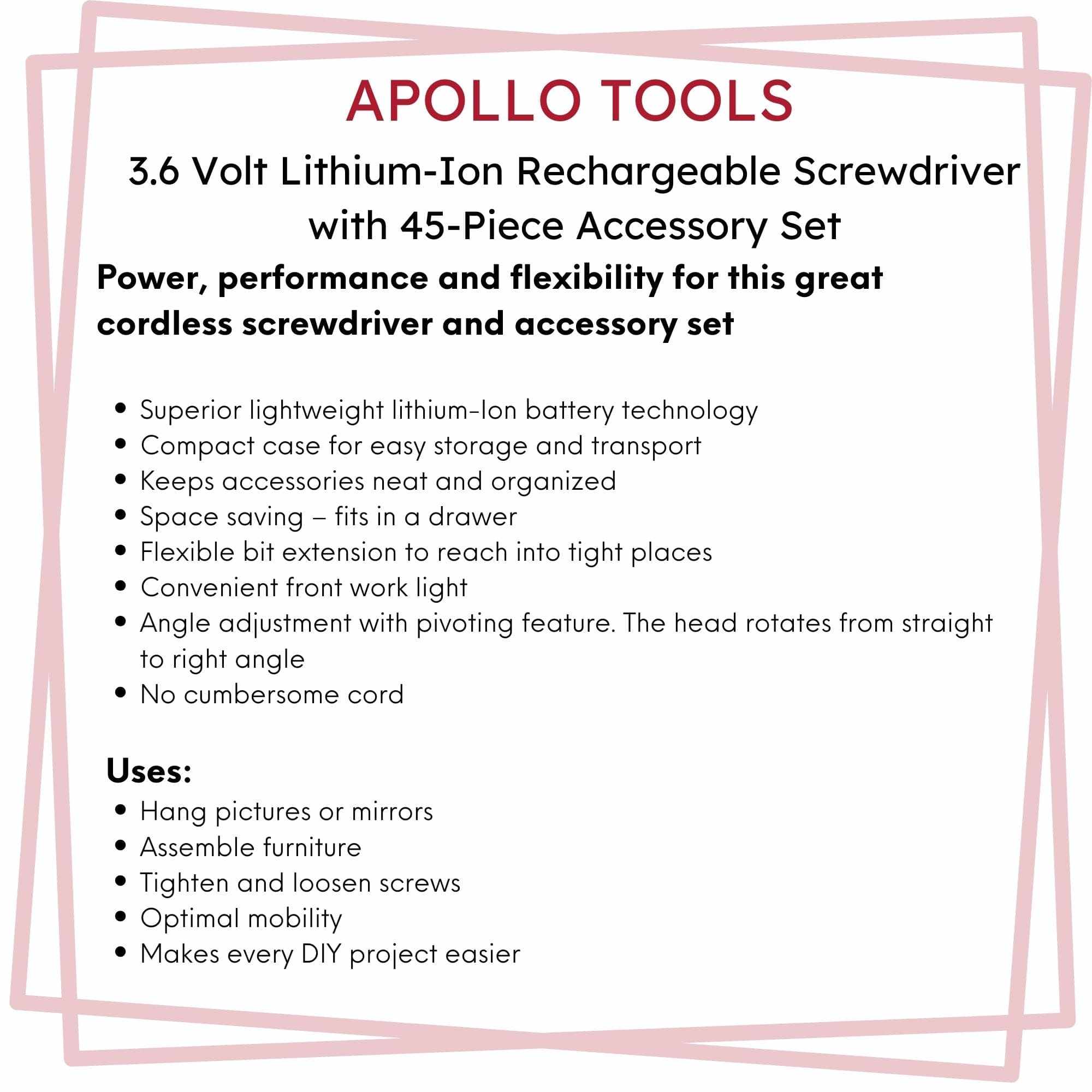 3.6 Volt Lithium-Ion rechargeable cordless screwdriver with 45-piece accessory set, flexible bit extension, pivoting head, and compact carrying case