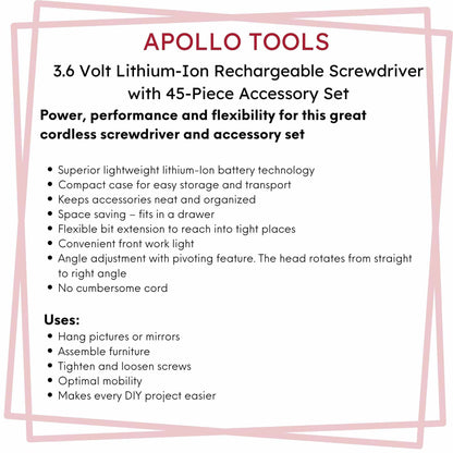 3.6 Volt Lithium-Ion rechargeable cordless screwdriver with 45-piece accessory set, flexible bit extension, pivoting head, and compact carrying case