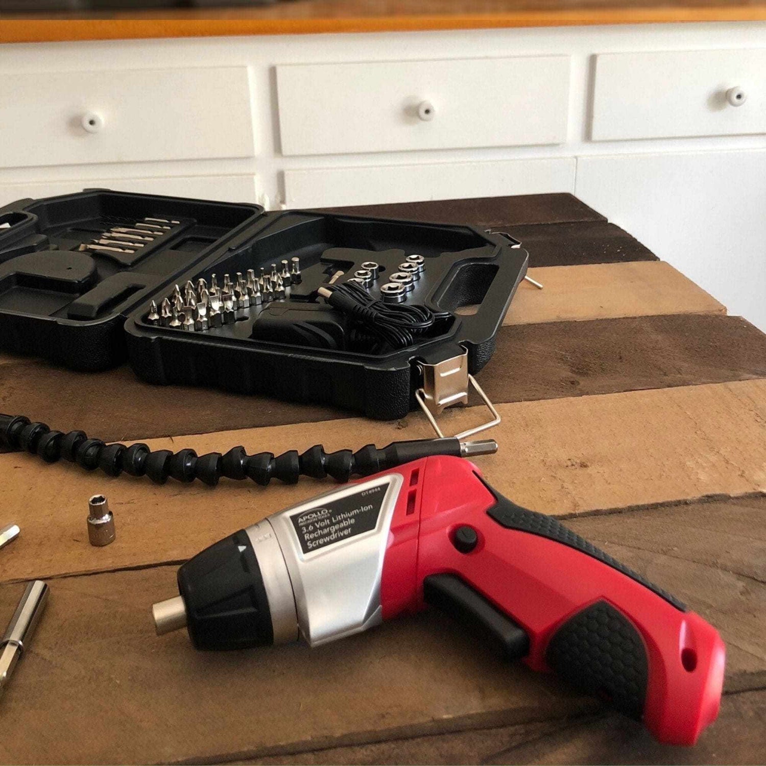 3.6 Volt Lithium-Ion Rechargeable Cordless Screwdriver with 45-piece accessory set and flexible bit extension in black carrying case