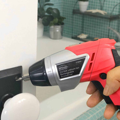 3.6 Volt Lithium-Ion Rechargeable Cordless Screwdriver in use with 45-piece accessory set for DIY projects
