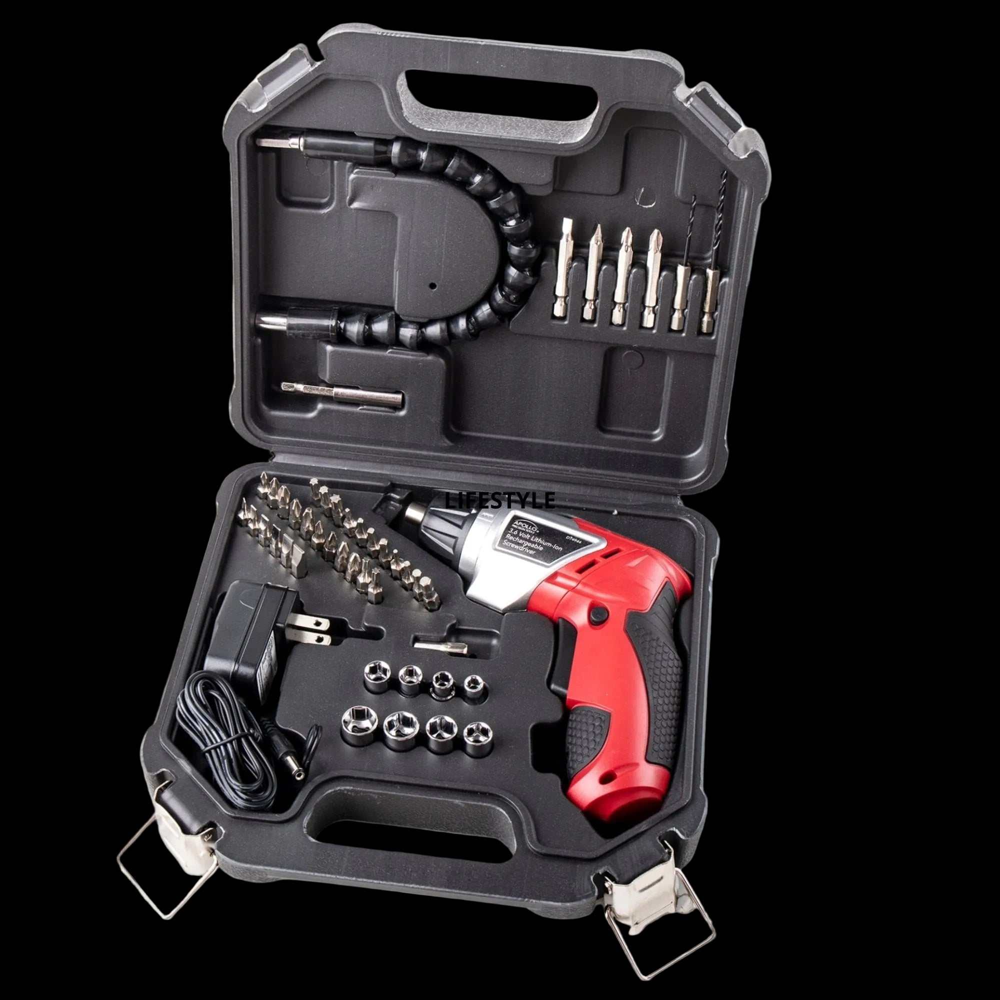 3.6 Volt Lithium-Ion rechargeable cordless screwdriver kit with 45 pieces accessories in a black carrying case