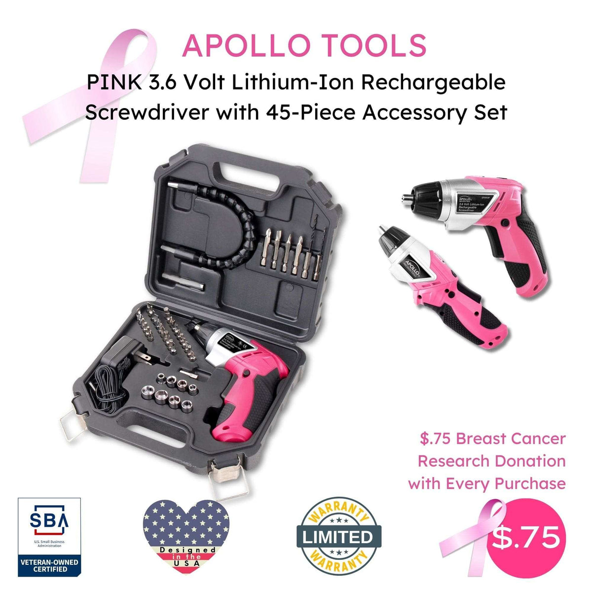 3.6 Volt Lithium-Ion Rechargeable Screwdriver with 45 Piece Accessory Set - Pink DT4944P - Prop and Piston