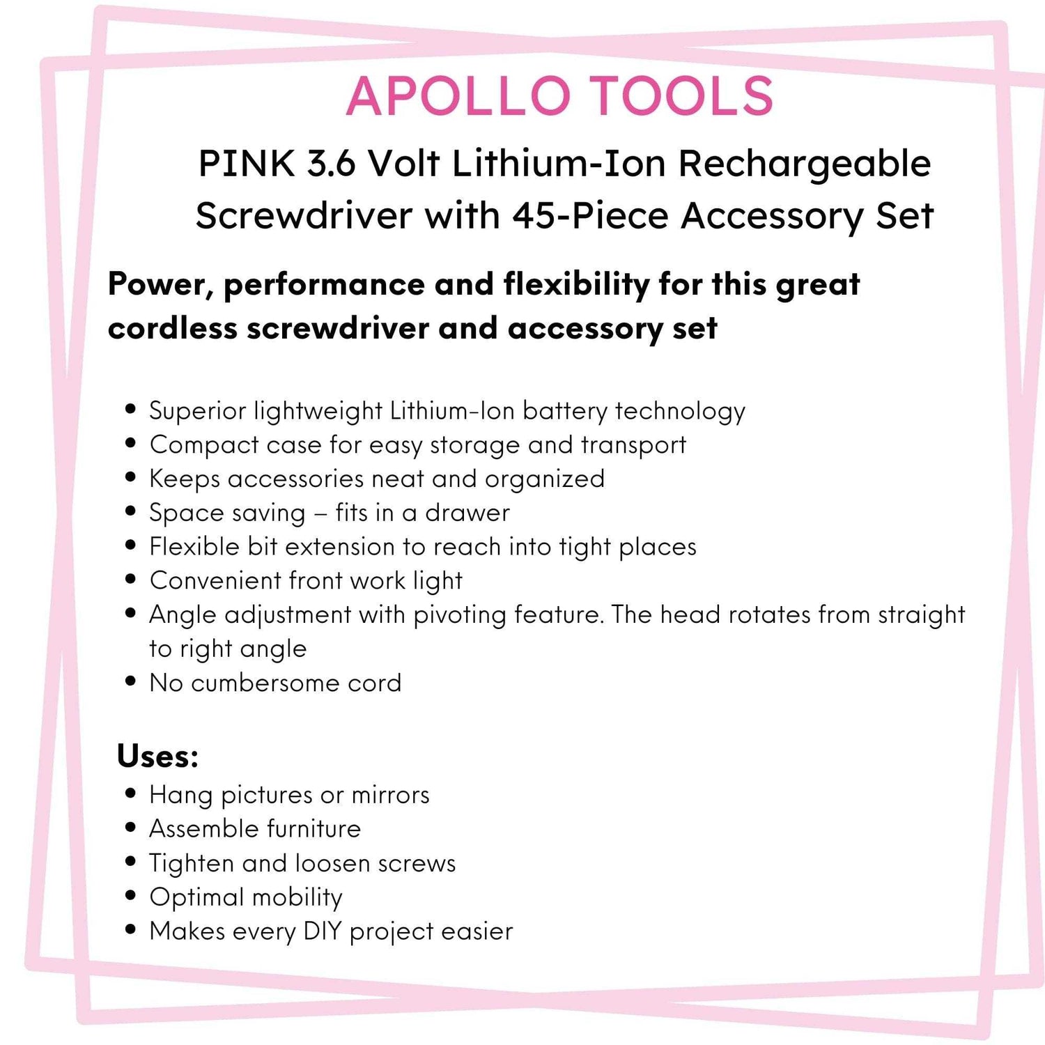 3.6 Volt Lithium-Ion Rechargeable Screwdriver with 45 Piece Accessory Set - Pink DT4944P - Prop and Piston