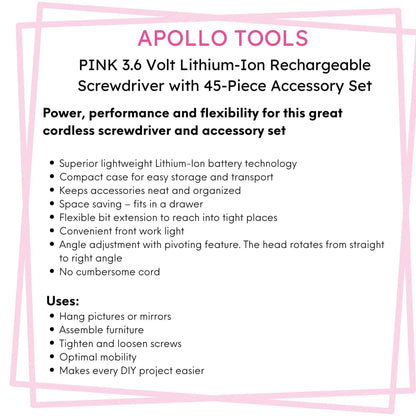 3.6 Volt Lithium-Ion Rechargeable Screwdriver with 45 Piece Accessory Set - Pink DT4944P - Prop and Piston