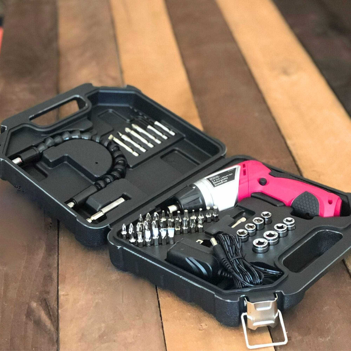 3.6 Volt Lithium-Ion Rechargeable Screwdriver with 45 Piece Accessory Set - Pink DT4944P - Prop and Piston