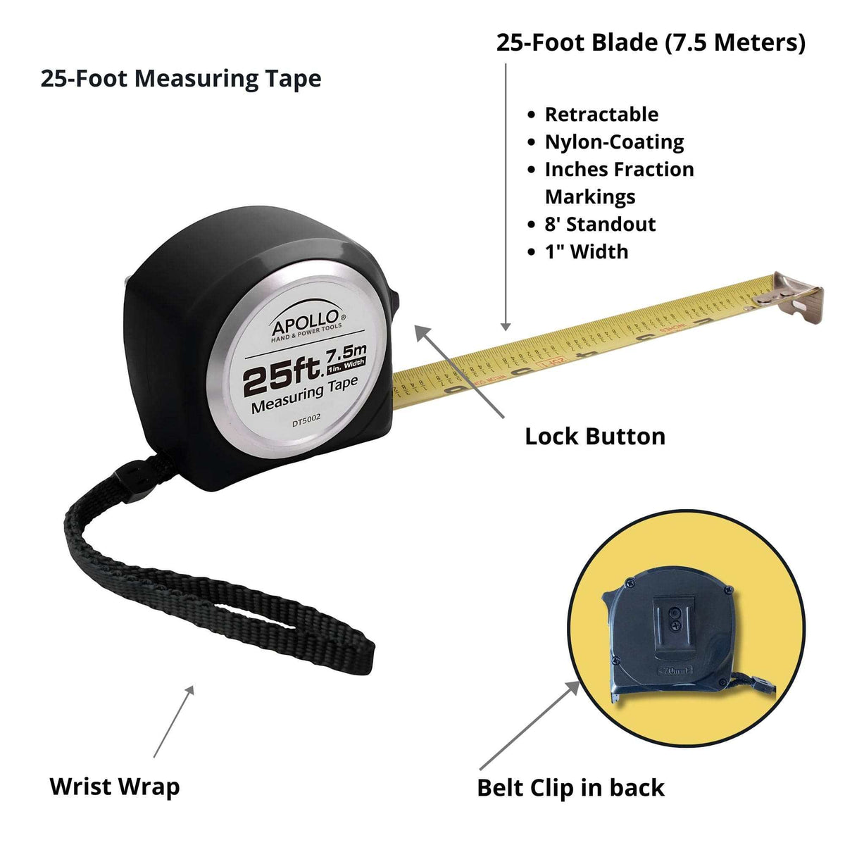 25ft. Tape Measure - Black - DT5002 - Prop and Piston