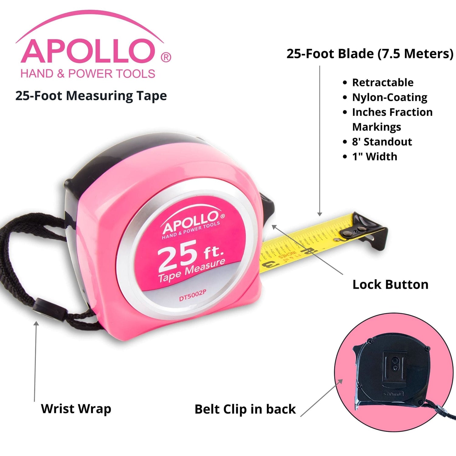 25ft. Tape Measure - Pink - DT5002P - Prop and Piston