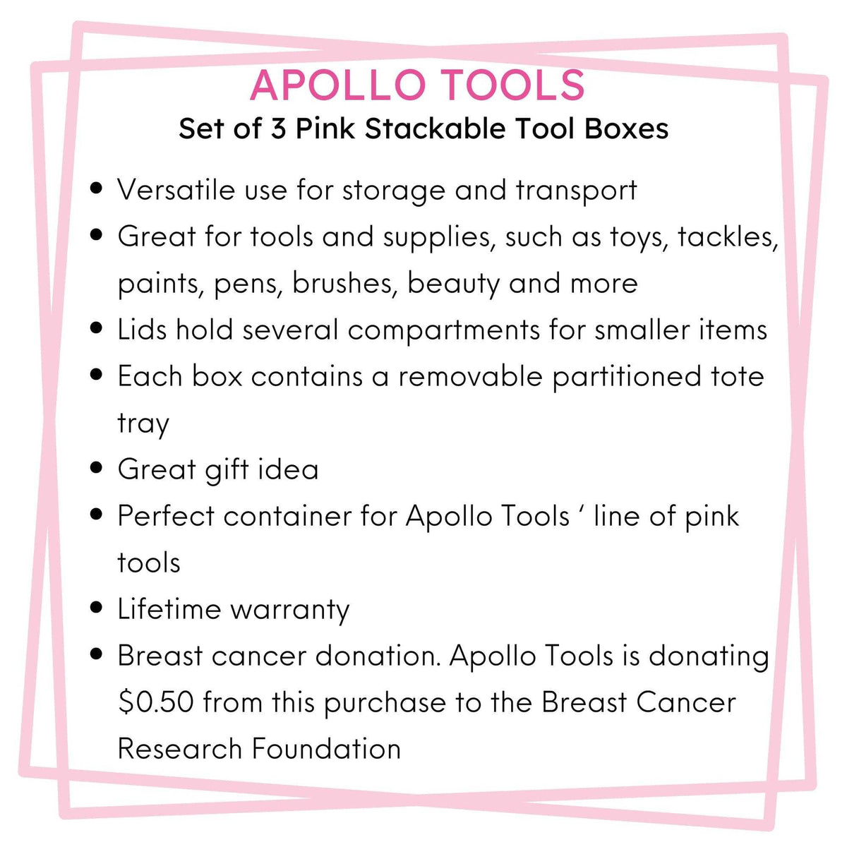 Pink 3 piece tool box set with stackable design and removable tote tray for versatile storage