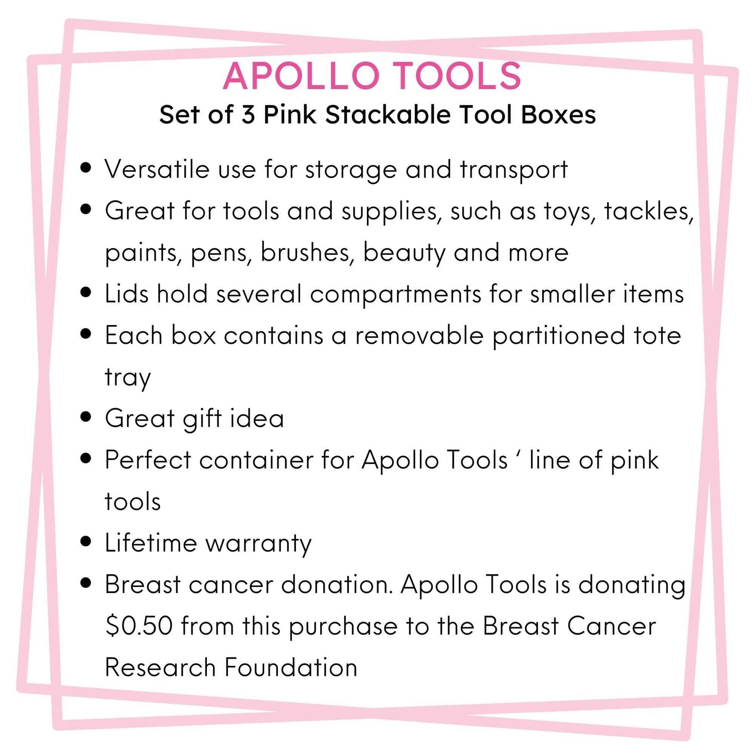 Pink 3 piece tool box set with stackable design and removable tote tray for versatile storage