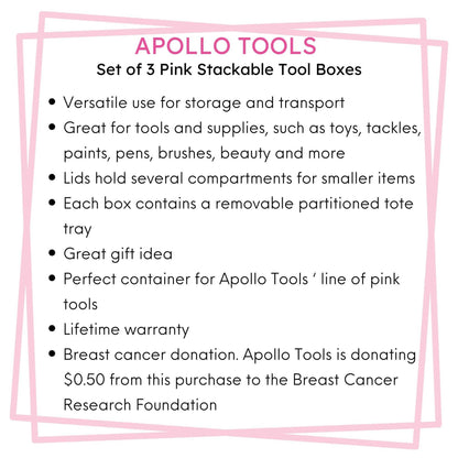 Pink 3 piece tool box set with stackable design and removable tote tray for versatile storage