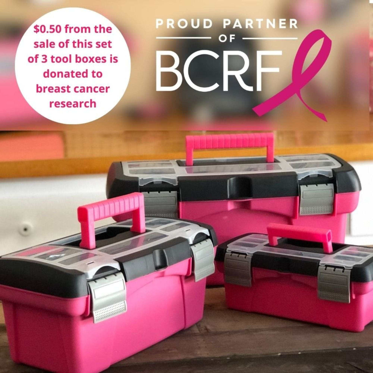 Pink 3 piece stackable tool box set with removable compartments and tote tray
