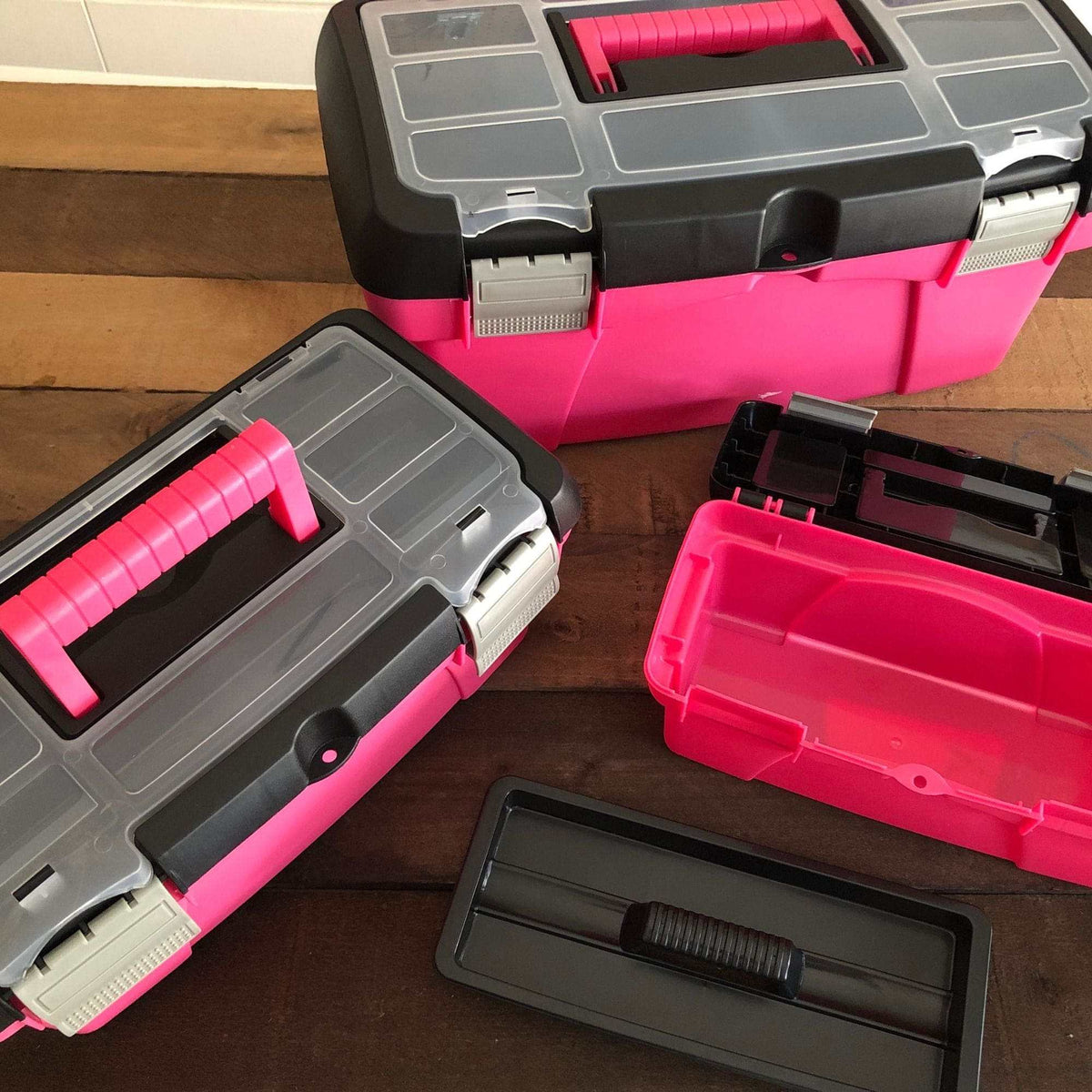 Pink 3 piece stackable tool box set with removable tote tray and compartment lids for organized storage