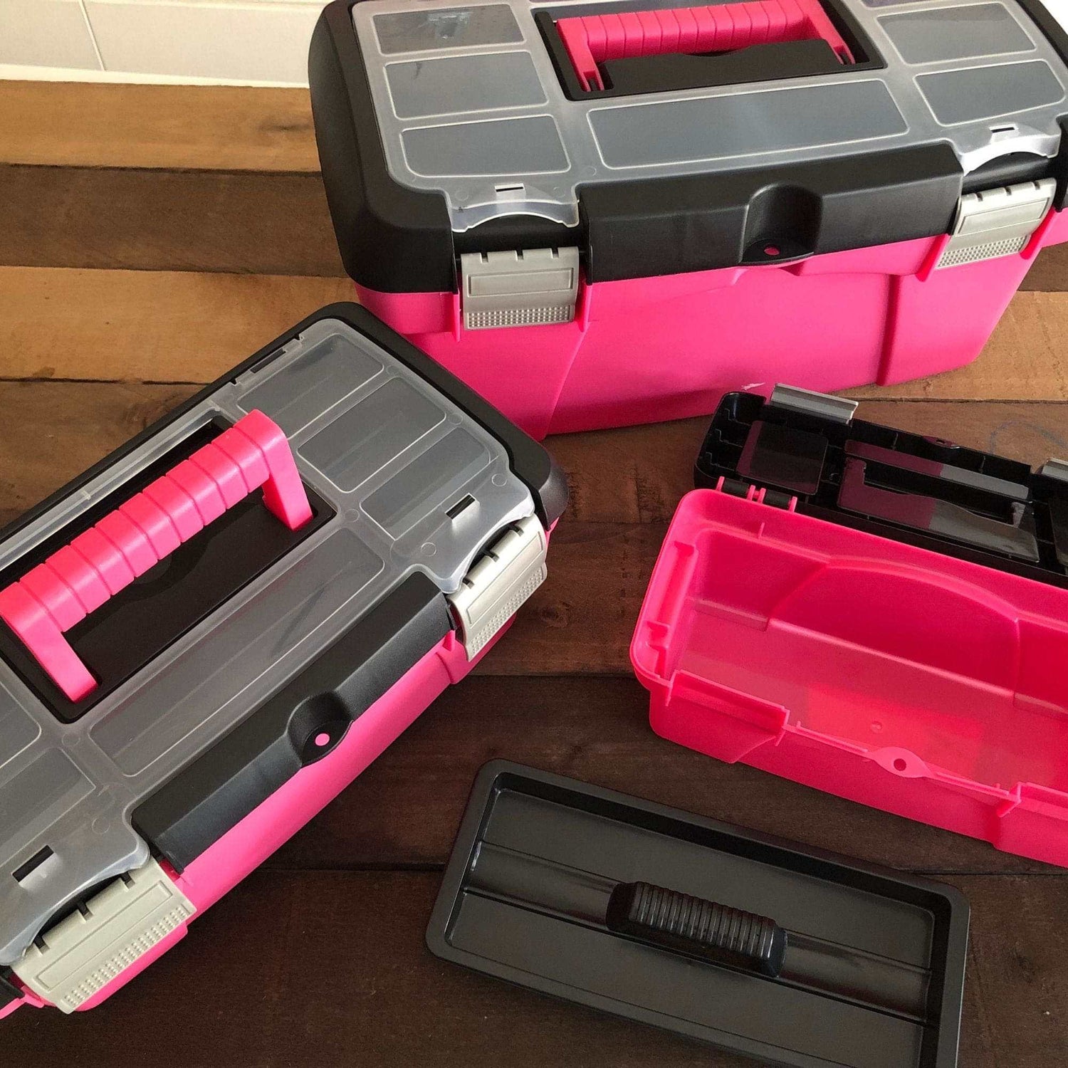 Pink 3 piece stackable tool box set with removable tote tray and compartment lids for organized storage