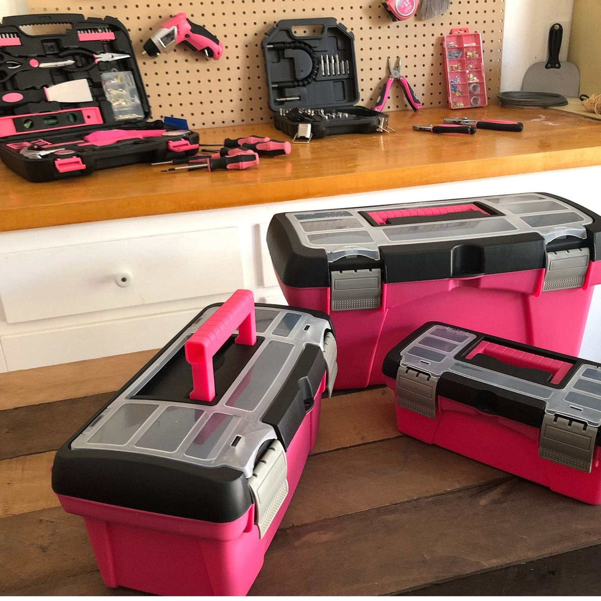 Pink 3 piece stackable tool box set with removable tote tray and multiple compartments