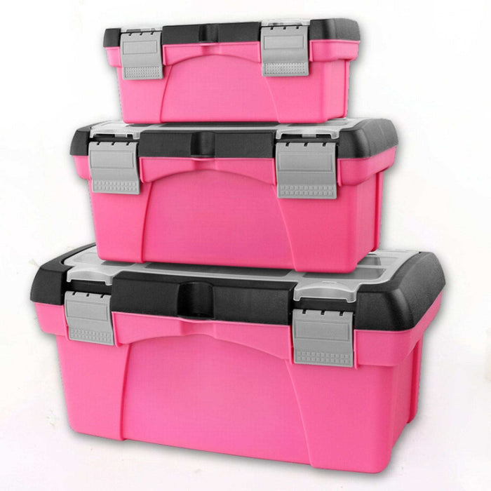 Pink 3 piece stackable tool box set with removable tote tray, ideal for organizing tools and supplies