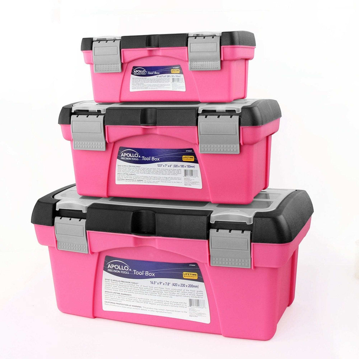 Pink 3 piece tool box set with stackable compartments and removable tote tray