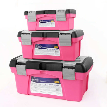 Pink 3 piece tool box set with stackable compartments and removable tote tray