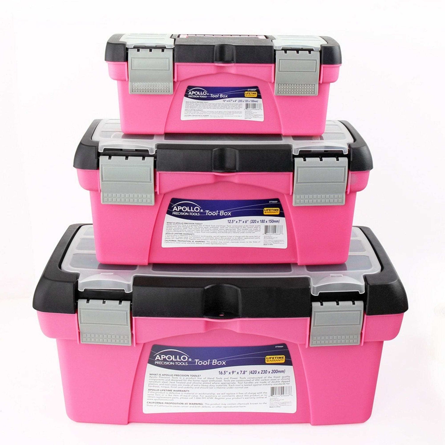 Pink 3 piece stackable tool box set with removable tote tray compartments for organization