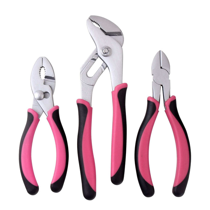 Set of 3 pink pliers with soft-grip handles for versatile DIY tasks