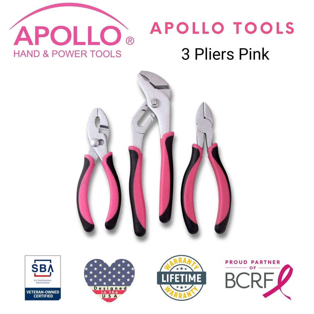 Set of 3 pink Apollo Tools pliers with soft-grip handles for DIY and repairs