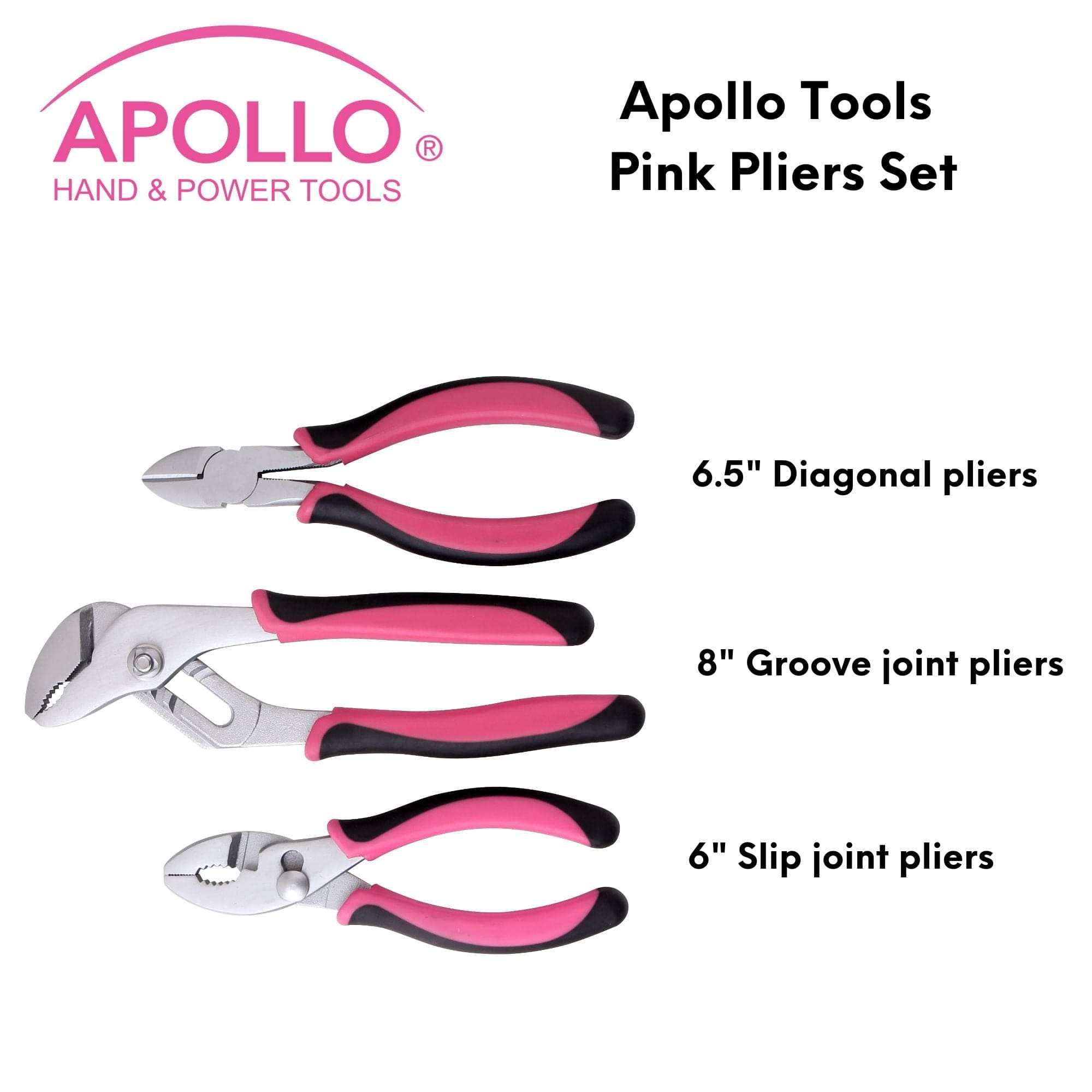 Set of 3 pink pliers with soft-grip handles for DIY and crafts, including slip joint, diagonal, and groove joint types
