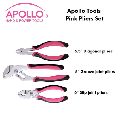 Set of 3 pink pliers with soft-grip handles for DIY and crafts, including slip joint, diagonal, and groove joint types