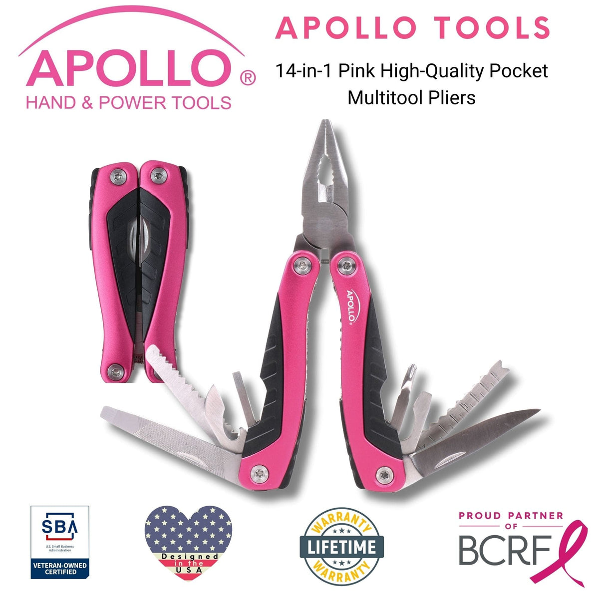 14-in-1 pink pocket multitool with pliers, screwdrivers, knife, can opener, and more for outdoor and everyday use
