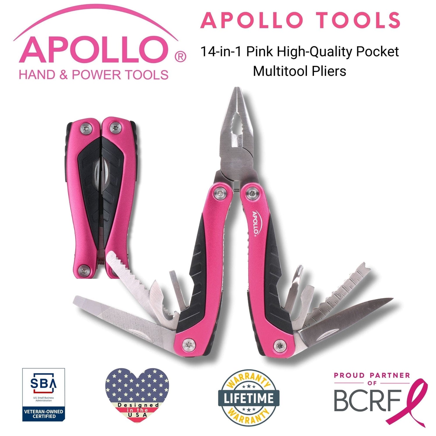 14-in-1 pink pocket multitool with pliers, screwdrivers, knife, can opener, and more for outdoor and everyday use
