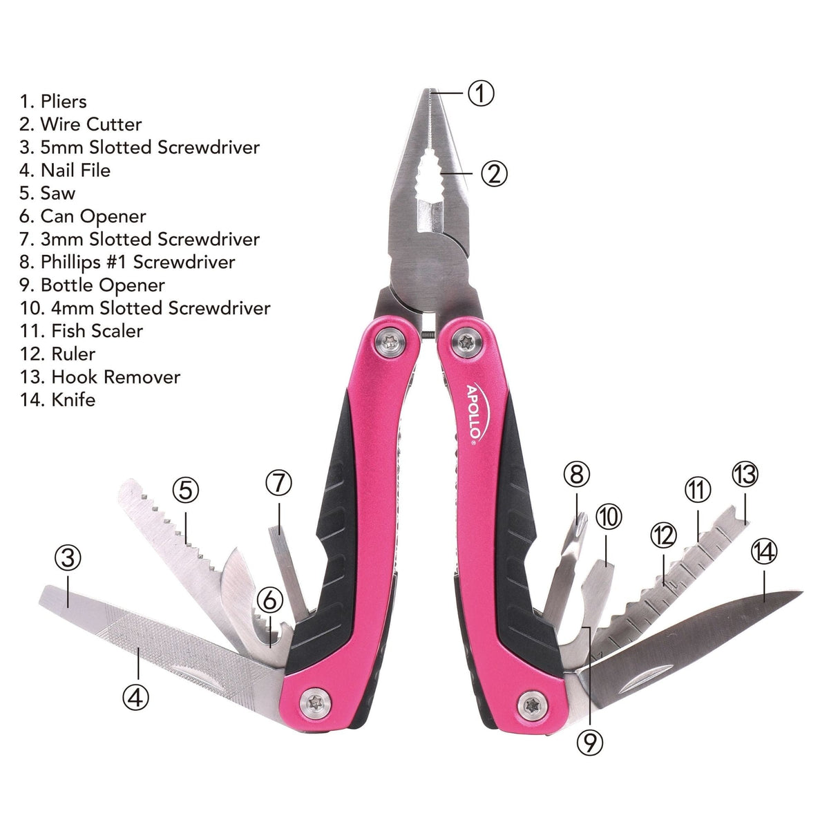 14-in-1 pink pocket multitool with pliers, screwdriver, knife, and can opener for outdoor and daily use