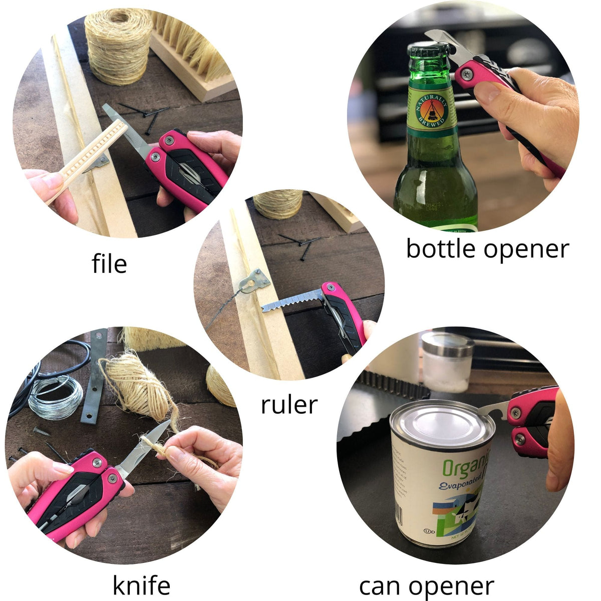 14-in-1 pink pocket multitool with pliers, knife, screwdrivers, can opener, and more for outdoor and everyday use