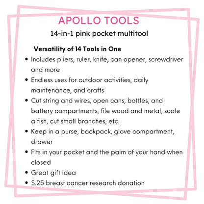14-in-1 pink pocket multitool with pliers, knife, screwdrivers, can opener, and fishing tools for outdoor use