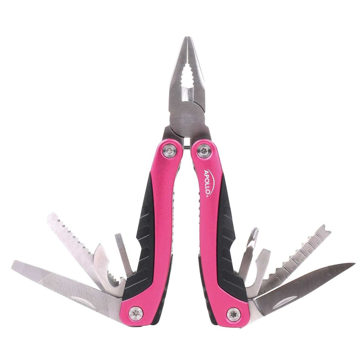 14-in-1 pink pocket multitool with pliers, knife, ruler, and screwdrivers for outdoor camping and fishing