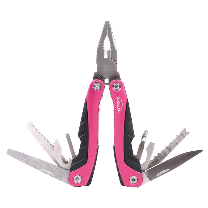14-in-1 pink pocket multitool with pliers, knife, ruler, and screwdrivers for outdoor camping and fishing