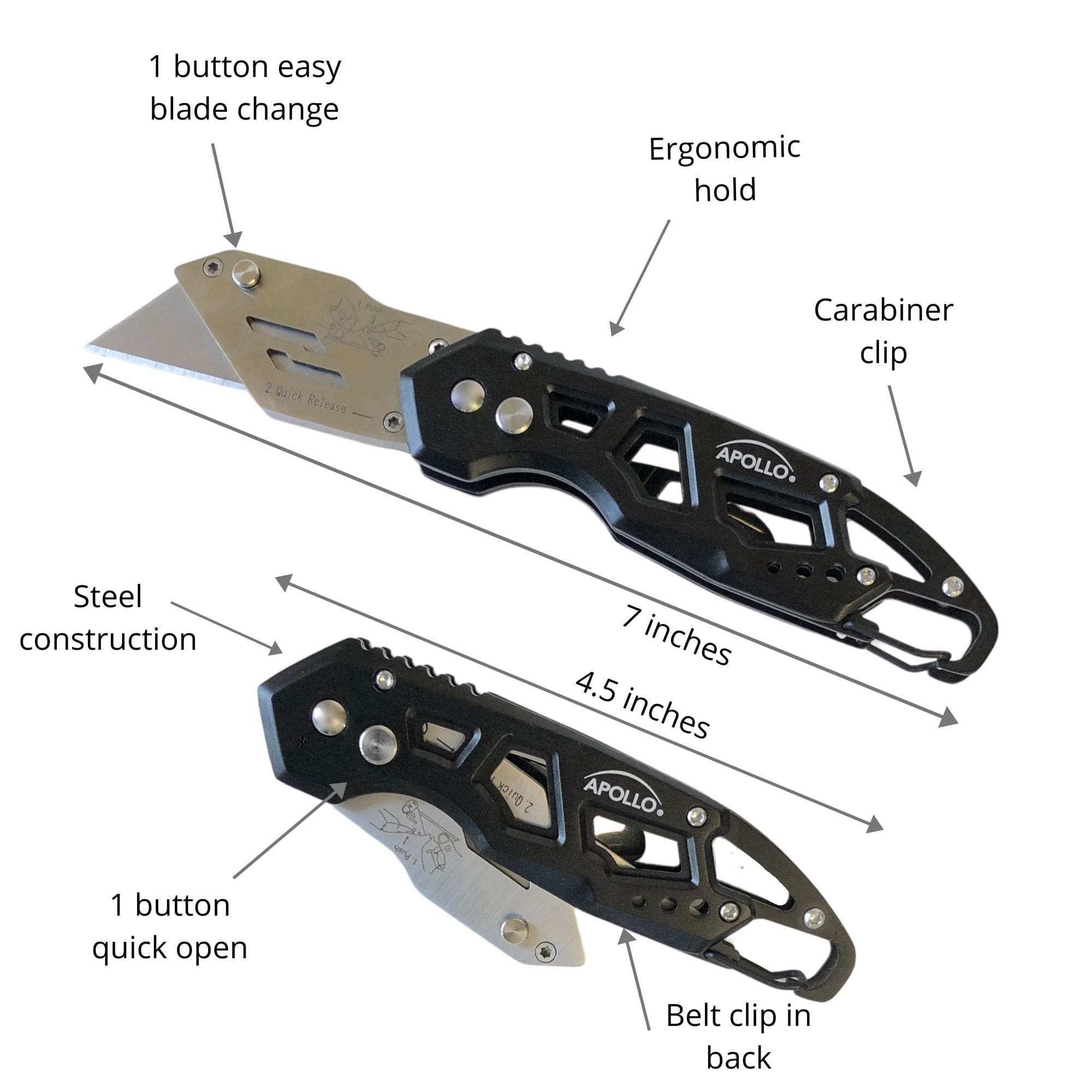 Ergonomic Stainless Steel, Lightweight, Foldable Black Utility Knife with Carabiner Clip and Fast-Change Blade - DT5017 - Prop and Piston