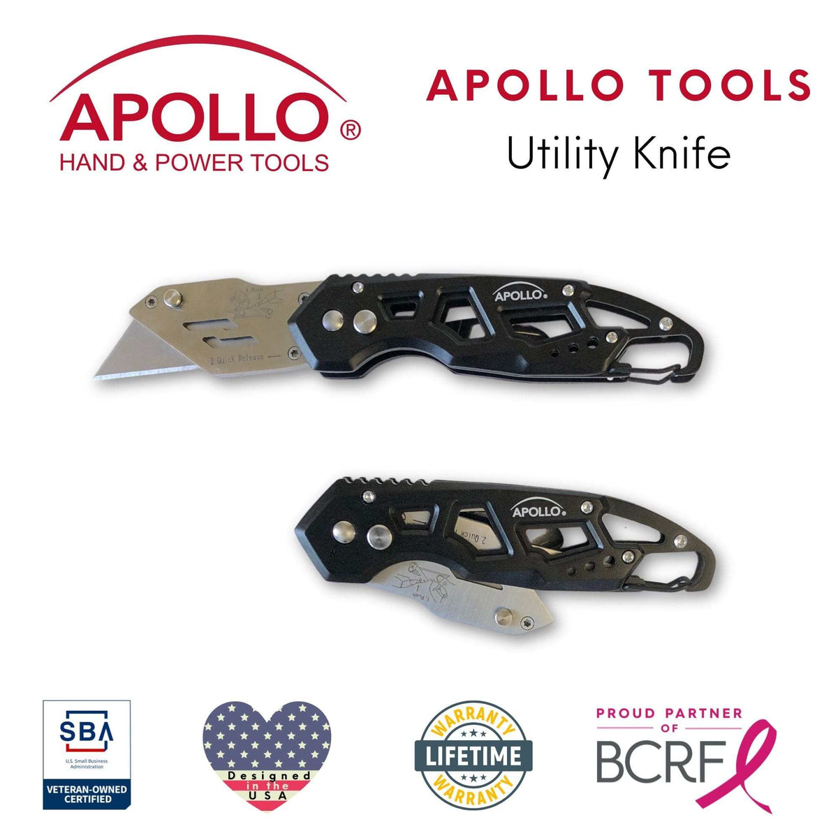 Ergonomic Stainless Steel, Lightweight, Foldable Black Utility Knife with Carabiner Clip and Fast-Change Blade - DT5017 - Prop and Piston